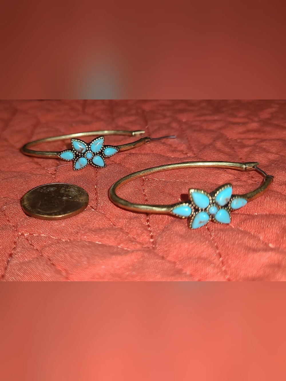 Turquoise Flower Hoop Earrings - Blue Floral Hoops